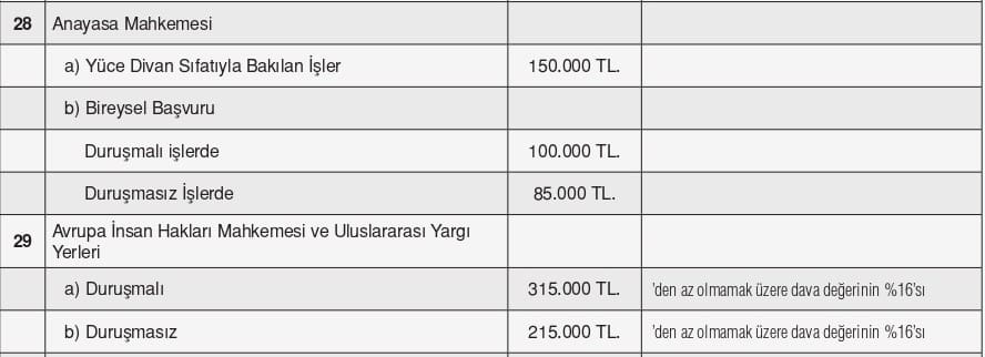 Anayasa Mahkemesi- AİHM Başvurularında 2025 Avukatlık Ücreti